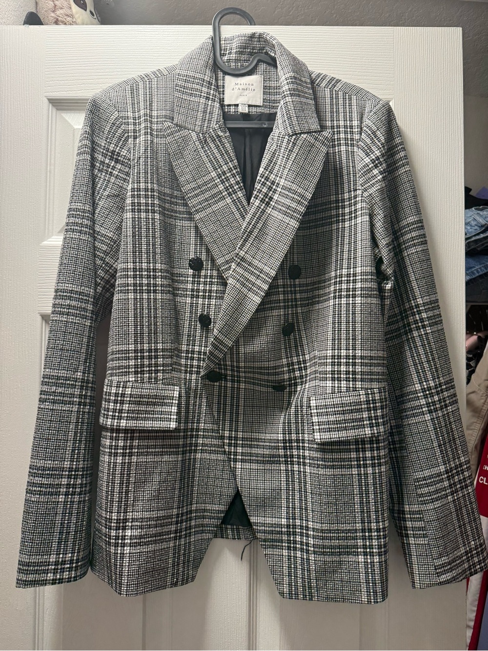 Double-Breasted Black & White Glen Plaid Blazer